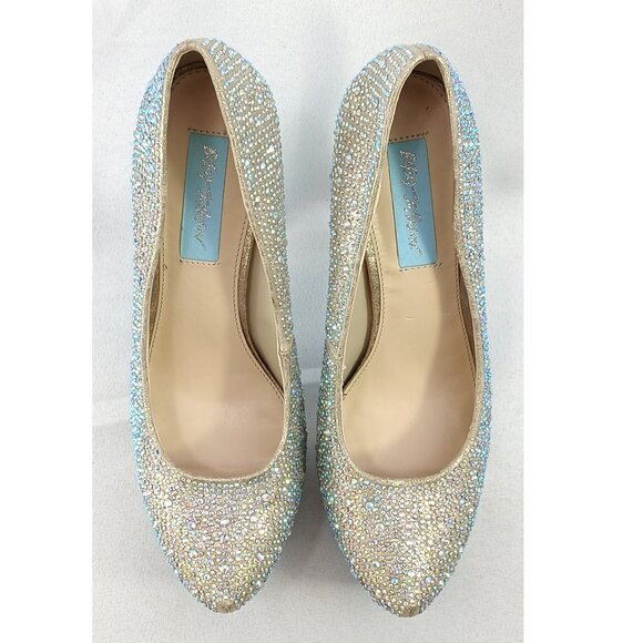 Blue by Betsey Johnson Champagne Sparkly Rhinestones Wish Heels Platforms Pumps - Picture 5 of 9